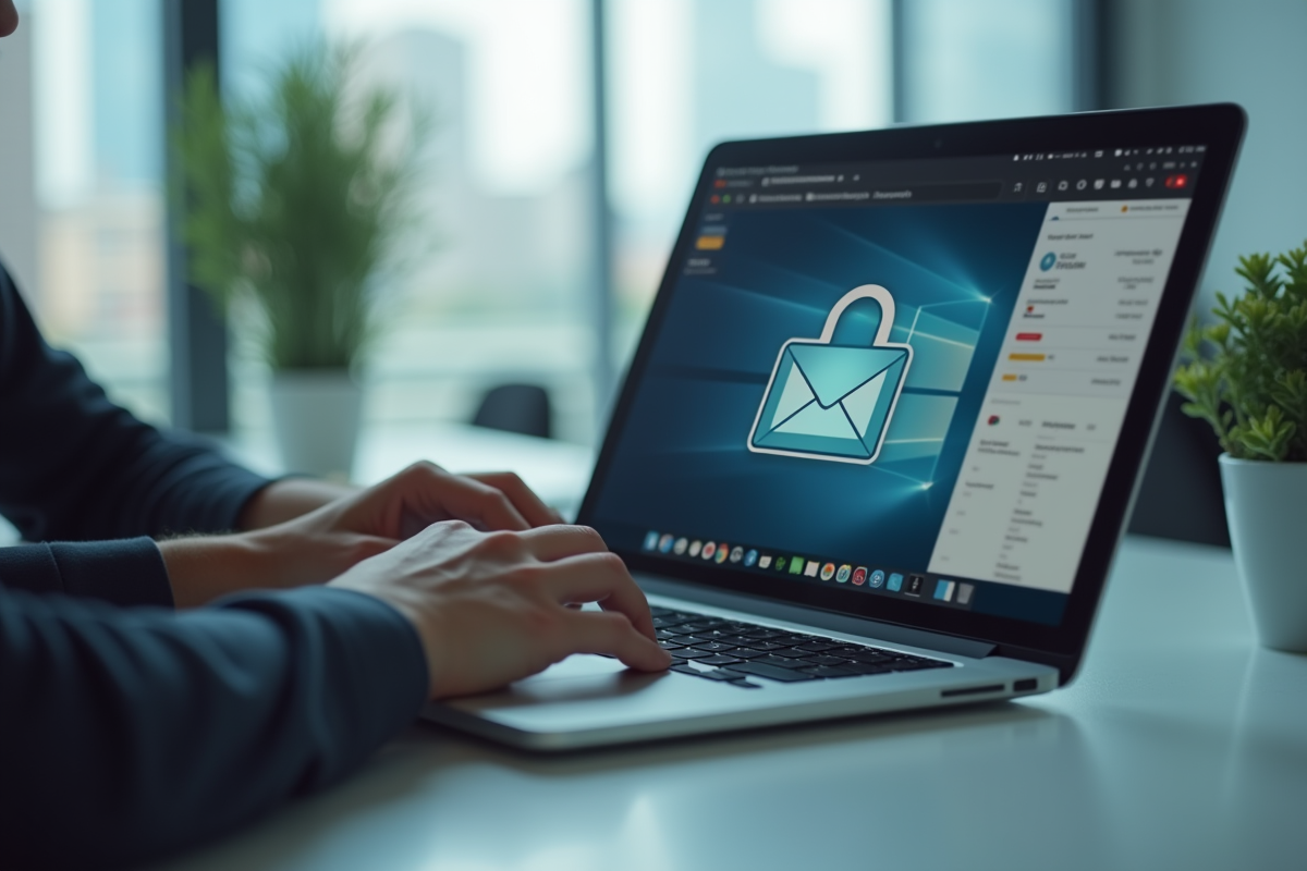 Deux personnes collaborant sur un ordinateur portable avec boîte mail