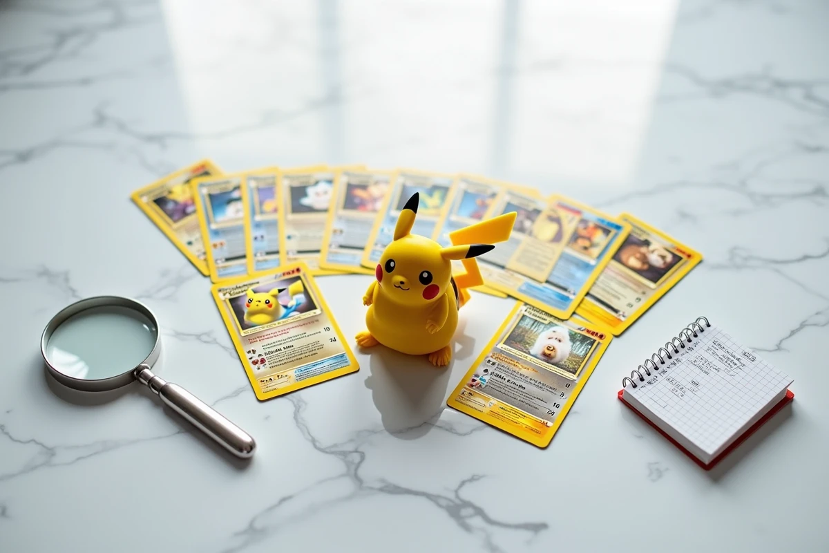 Vue aérienne d'une collection de cartes Étincelles Déferlantes avec Pikachu ex au centre sur marbre blanc et outils de collectionneur