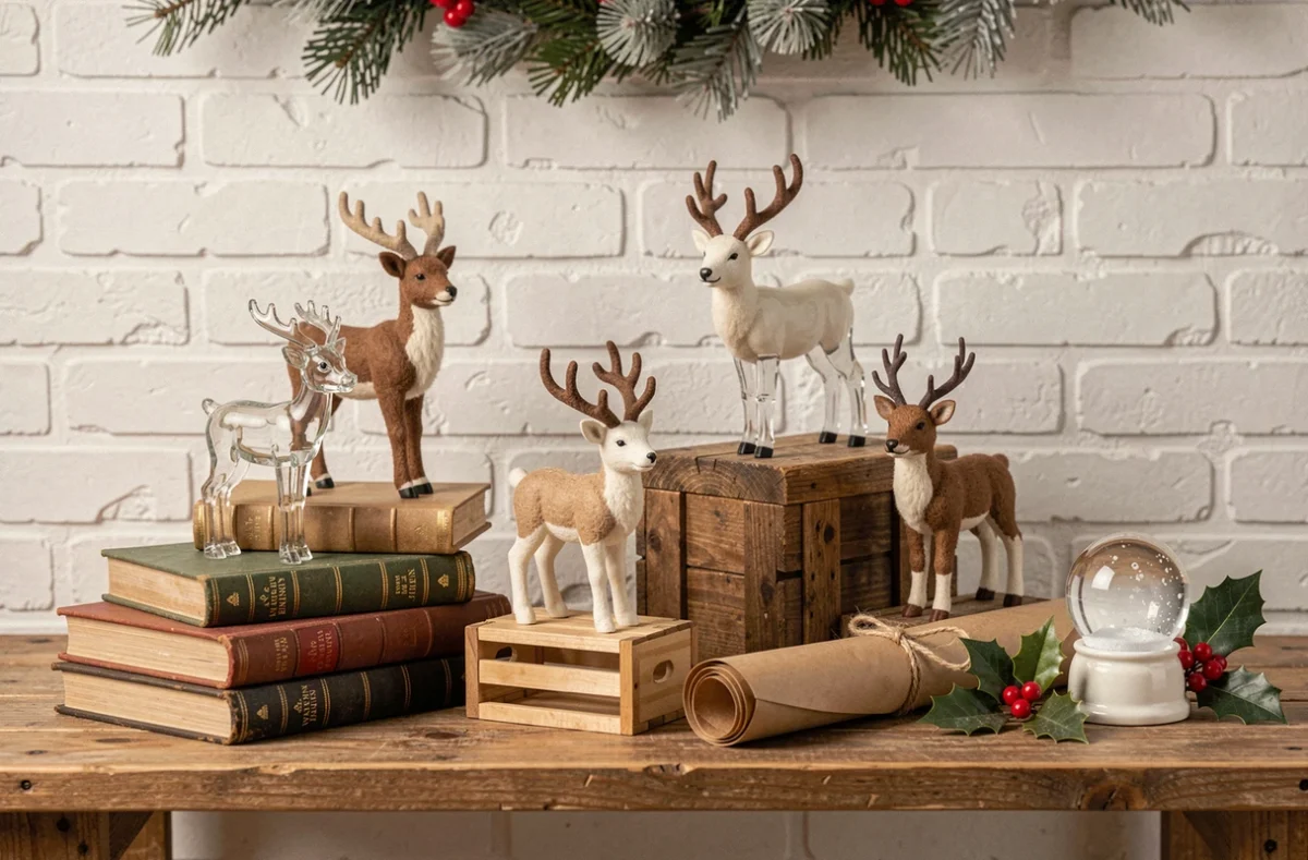 Collection de miniatures de rennes de Noël en verre soufflé, porcelaine et laine feutrée sur étagère décorée