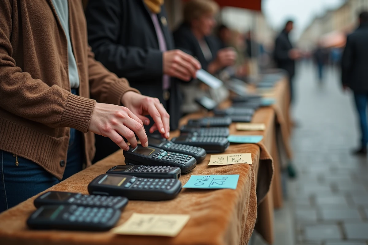Collection de vieux téléphones Nokia exposés sur un stand de brocante française avec des étiquettes de prix manuscrites, femme qui examine un modèle rétro