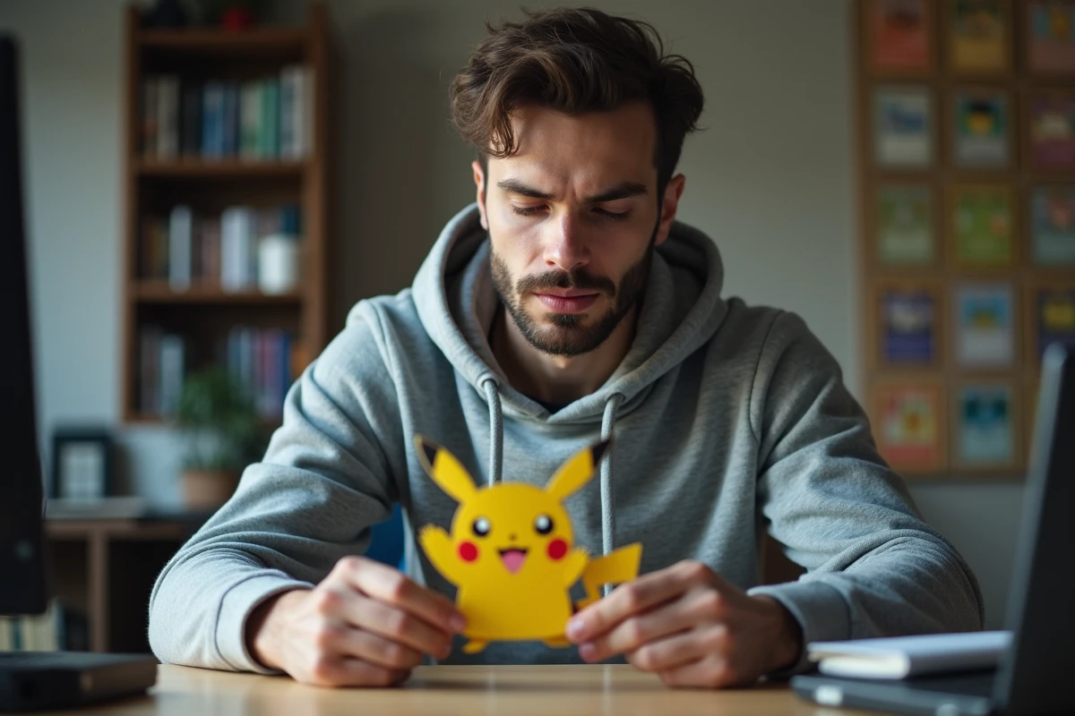Collectionneur examinant une carte Pikachu ex dans une pochette de protection, entouré de cartes Pokémon affichées au mur