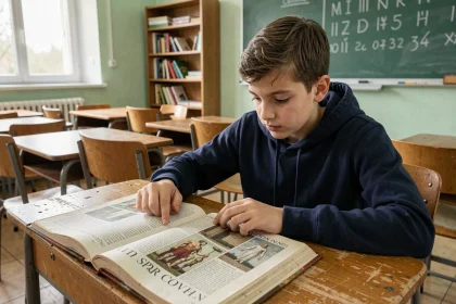 Collégien étudiant la définition du SPQR dans un manuel d'histoire romaine en classe