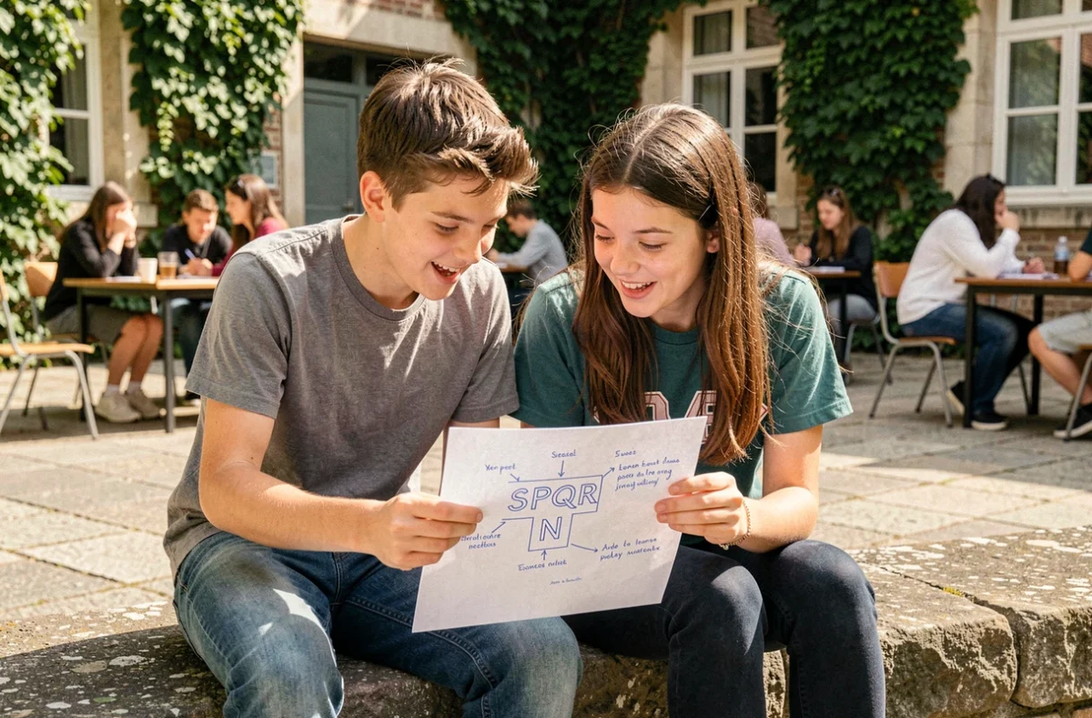 Deux collégiens révisant ensemble la signification du SPQR dans la cour de lycée