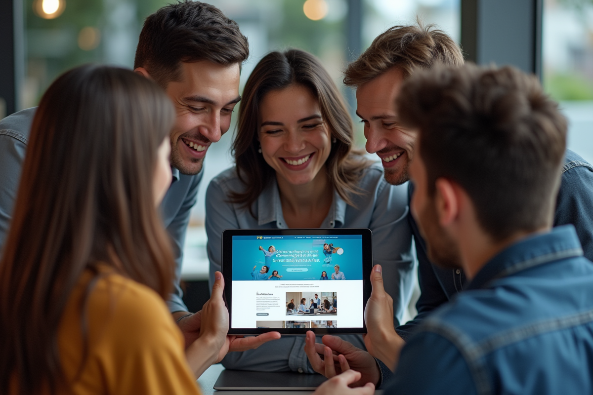 Groupe de collègues regardant une tablette dans un bureau moderne