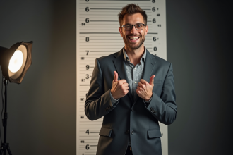 Comédien souriant sur scène avec un tableau de hauteur