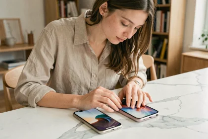 Comparaison entre iPhone 14 et iPhone 15 posés côte à côte sur un bureau en marbre blanc, examinés par une femme