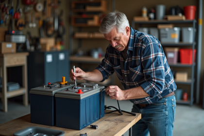 Homme connectant deux batteries en parallèle dans un garage