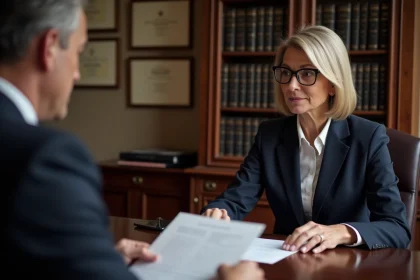 Femme consultant un notaire dans un bureau officiel pour obtenir un renseignement notarial gratuit