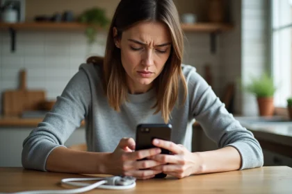 Femme abîmant un cordon de téléphone portable en le pliant excessivement autour de son smartphone