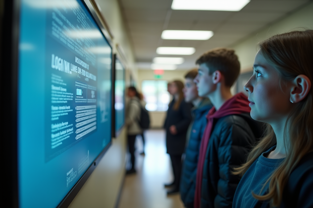 Elèves dans le couloir scolaire regardant un écran digital