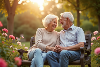 Couple agee souriant dans un jardin fleuri pour un anniversaire