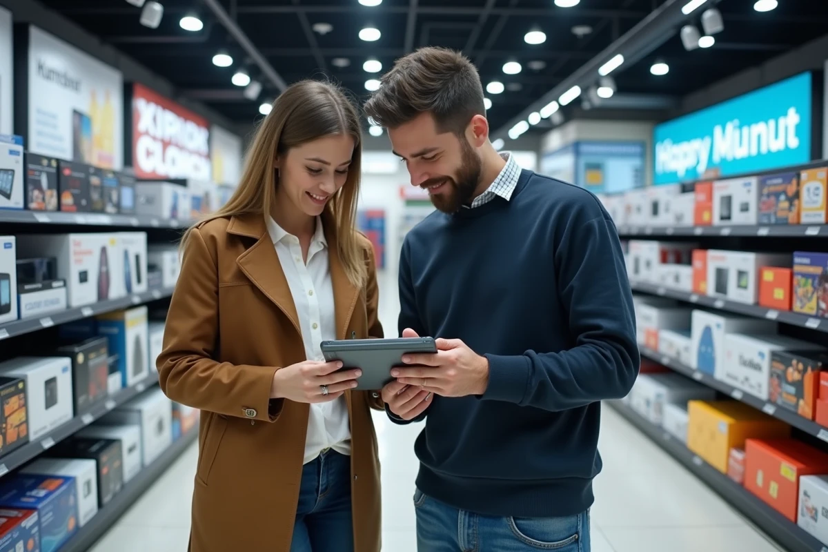 Couple comparant des codes promo Pixmania sur une tablette dans un magasin d'électronique