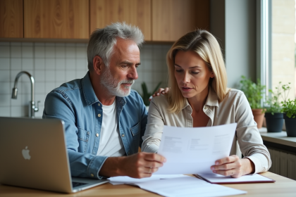 Couple français examine documents dans une cuisine moderne