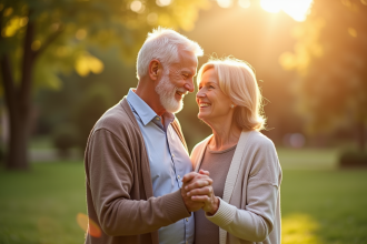 Couple mature souriant dans un jardin ensoleille