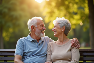 Couple mature souriant sur un banc en plein air