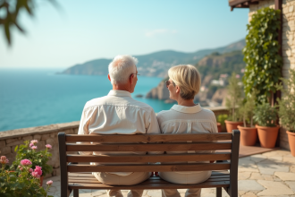 Couple senior souriant sur une terrasse méditerranéenne