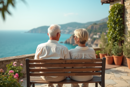 Couple senior souriant sur une terrasse méditerranéenne