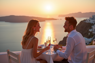 Couple souriant à Santorini au coucher de soleil