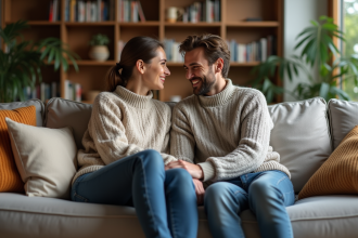 Couple assis sur un sofa moderne dans un salon chaleureux