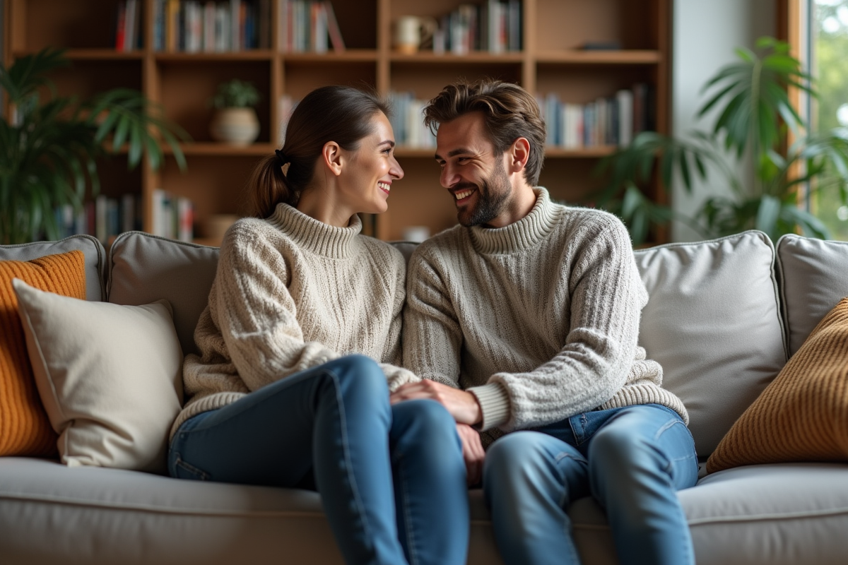 Couple assis sur un sofa moderne dans un salon chaleureux