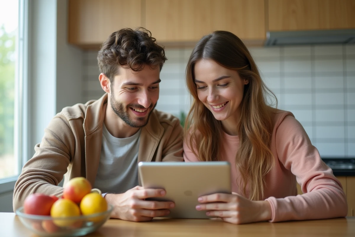Couple découvrant comment réduire le coût de l'abonnement YouTube Premium sur une tablette dans la cuisine