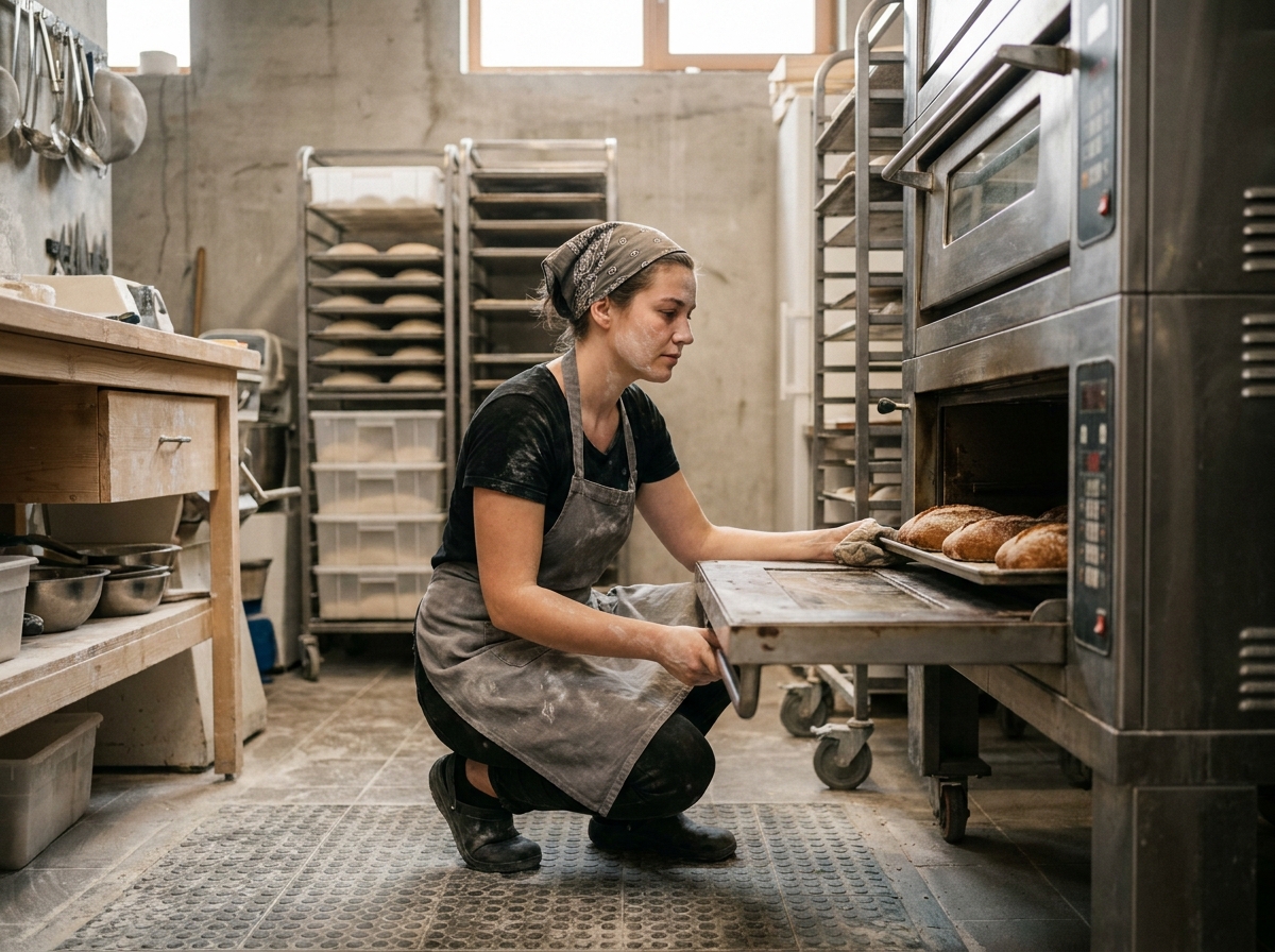Cuisinière en tablier gris vérifiant la cuisson dans un four industriel d'une boulangerie professionnelle