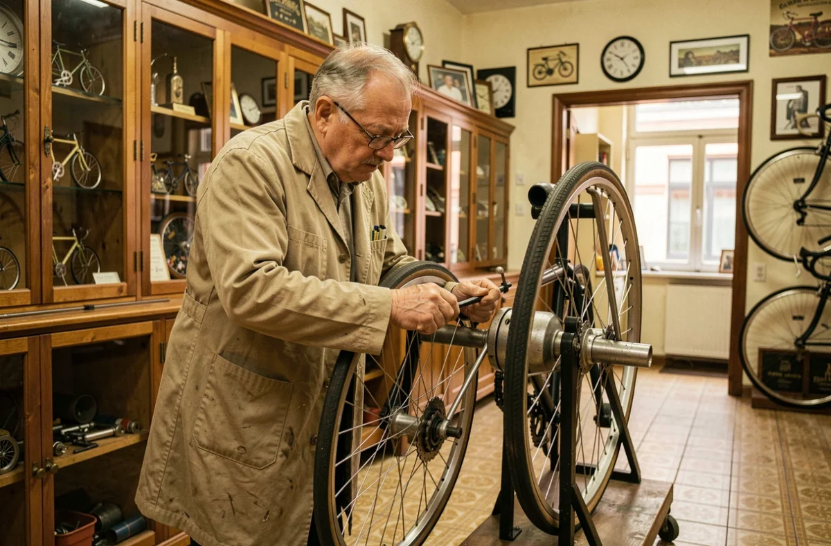 Artisan vélo de Cycles Heutte rayonnant un vélo dans un atelier traditionnel aux murs décorés de souvenirs cyclistes