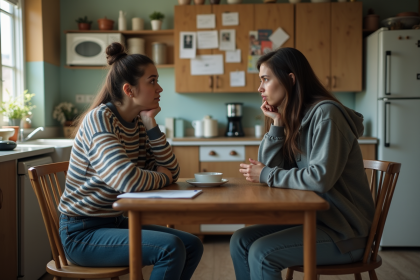 Deux jeunes femmes discutent dans une cuisine partagée