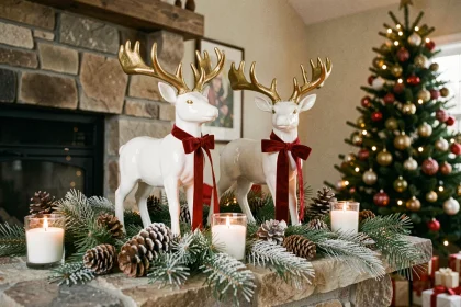 Décoration de cheminée de Noël avec figurines de rennes en céramique dorée et rubans en velours rouge