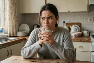 Femme introspective dans une cuisine modeste, illustrant l'attachement émotionnel prolongé dans une relation toxique selon le profil MBTI Défenseur