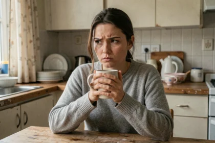 Femme introspective dans une cuisine modeste, illustrant l'attachement émotionnel prolongé dans une relation toxique selon le profil MBTI Défenseur