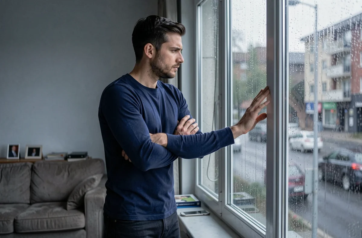 Homme pensif regardant par une fenêtre sous la pluie, symbolisant l'isolement émotionnel du profil MBTI Défenseur piégé dans une relation toxique