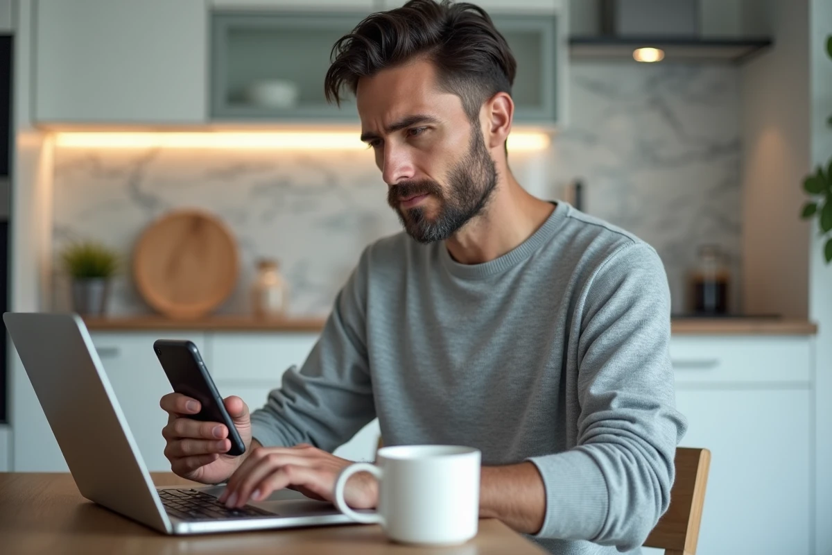 Homme envoyant une demande de renseignement notarial par email depuis chez lui