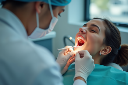 Dentiste effectuant un nettoyage dentaire en cabinet moderne