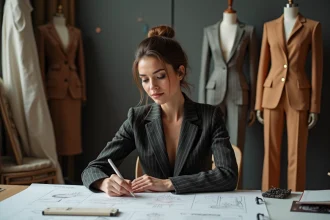Femme créative en train de dessiner dans son studio de mode