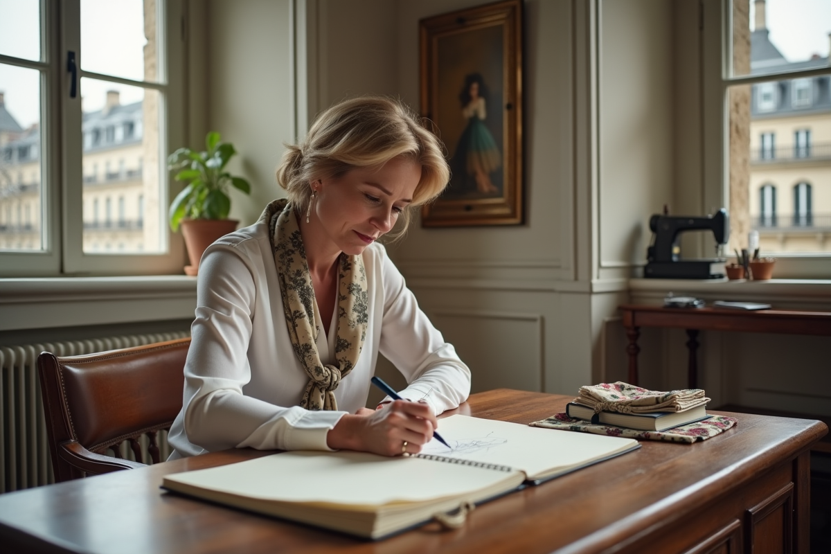 Femme dessinant dans un studio parisien élégant