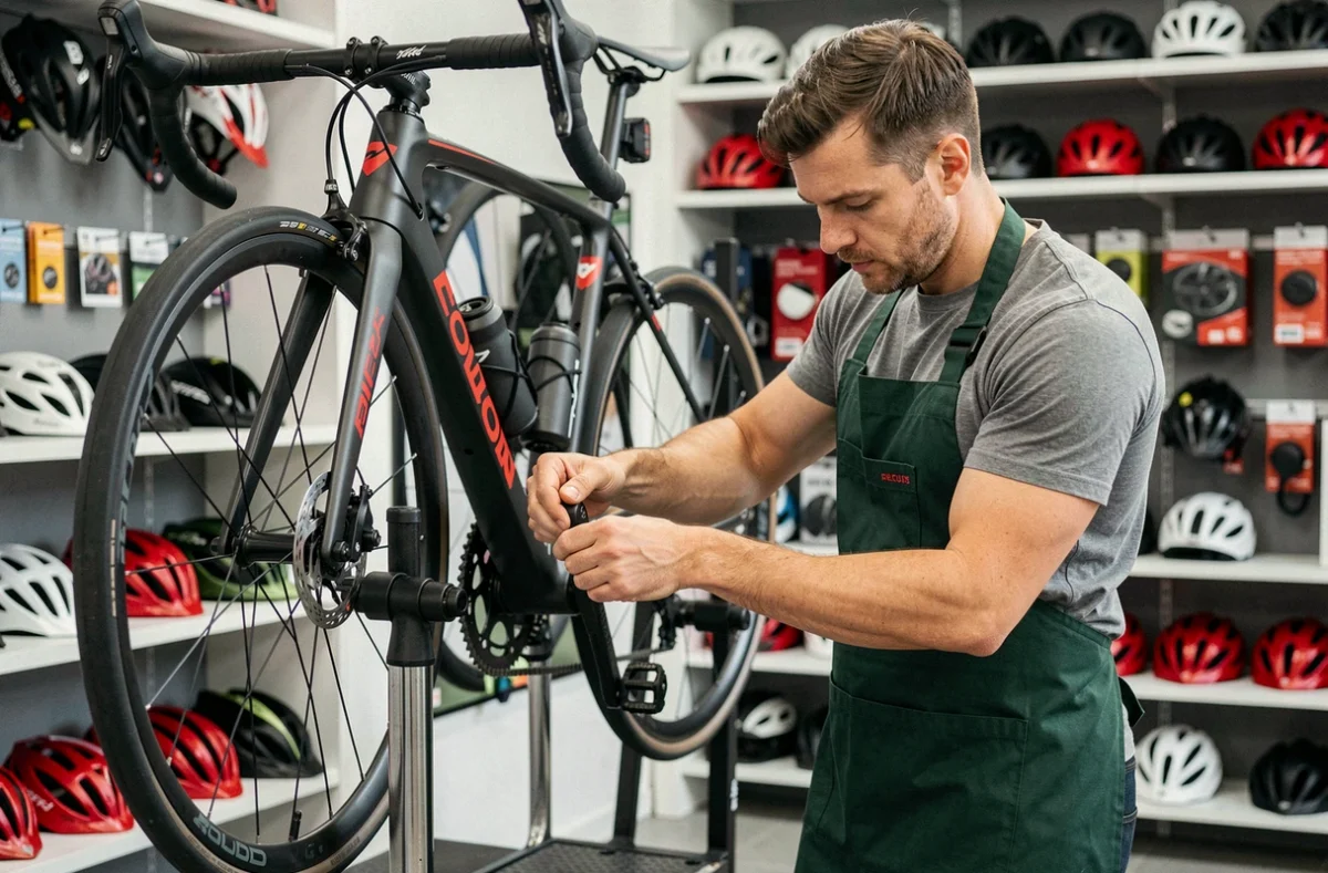 Mécanicien de Destrier Bike Rouen réglant le dérailleur d'un vélo de route sur un support de réparation professionnel