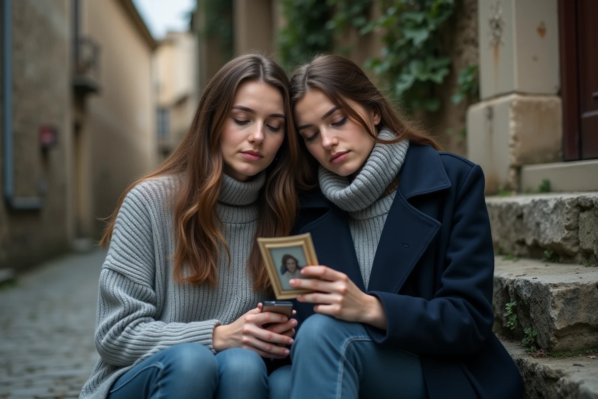 Deux amies consolées l'une par l'autre sur des marches en pierre, tenant une photo en souvenir d'un ami parti trop tôt