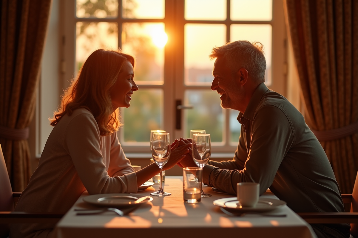 Dîner romantique en couple lors du coucher de soleil