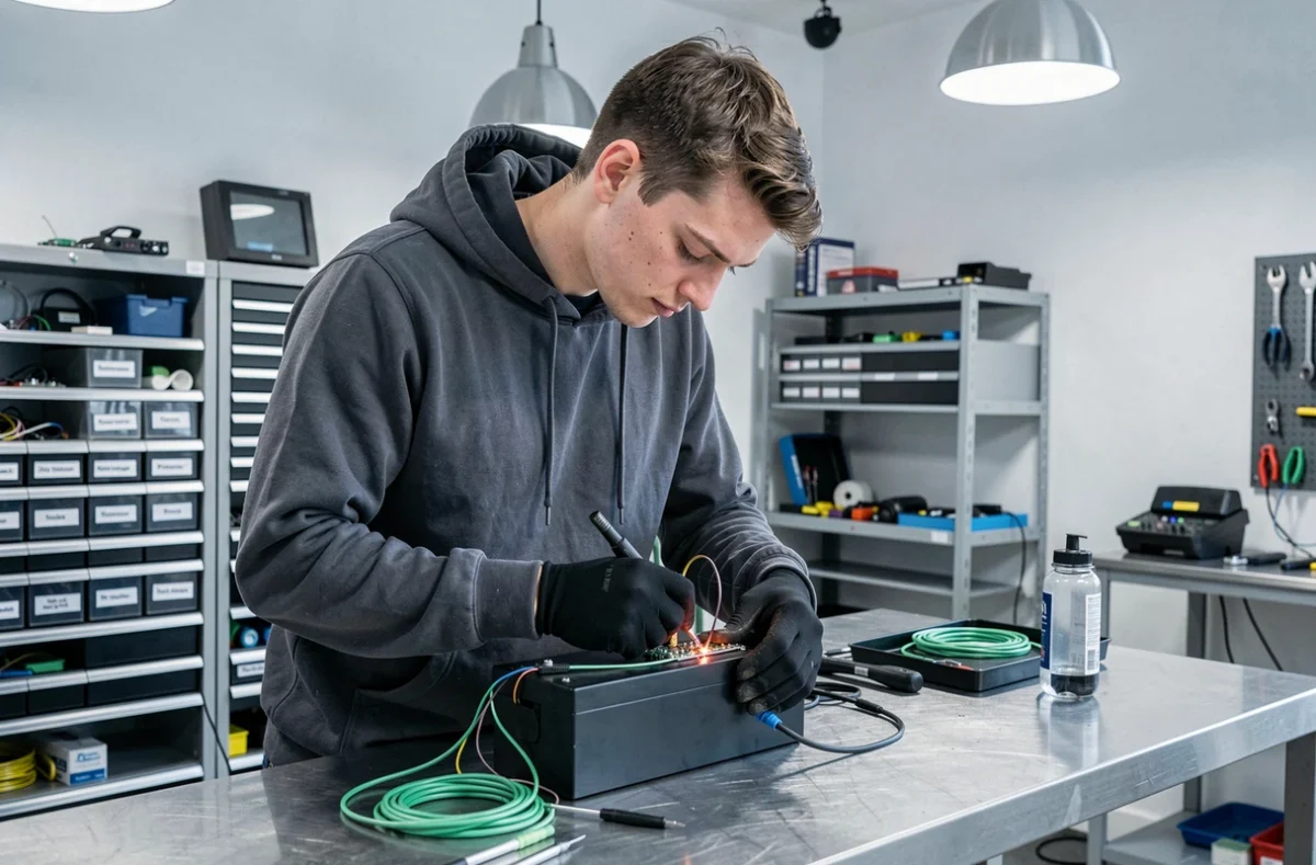 Mécanicien d'Ec2R Rouen travaillant sur la batterie d'un vélo électrique dans un atelier moderne et épuré