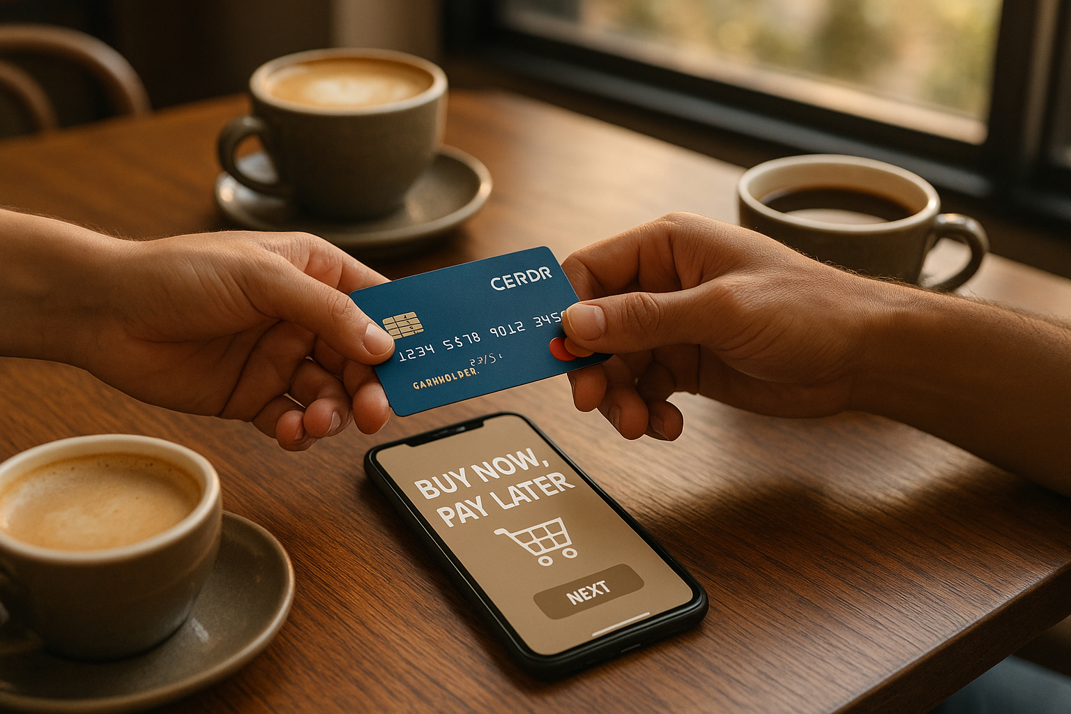 Deux mains échangeant une carte de crédit sur une table de café