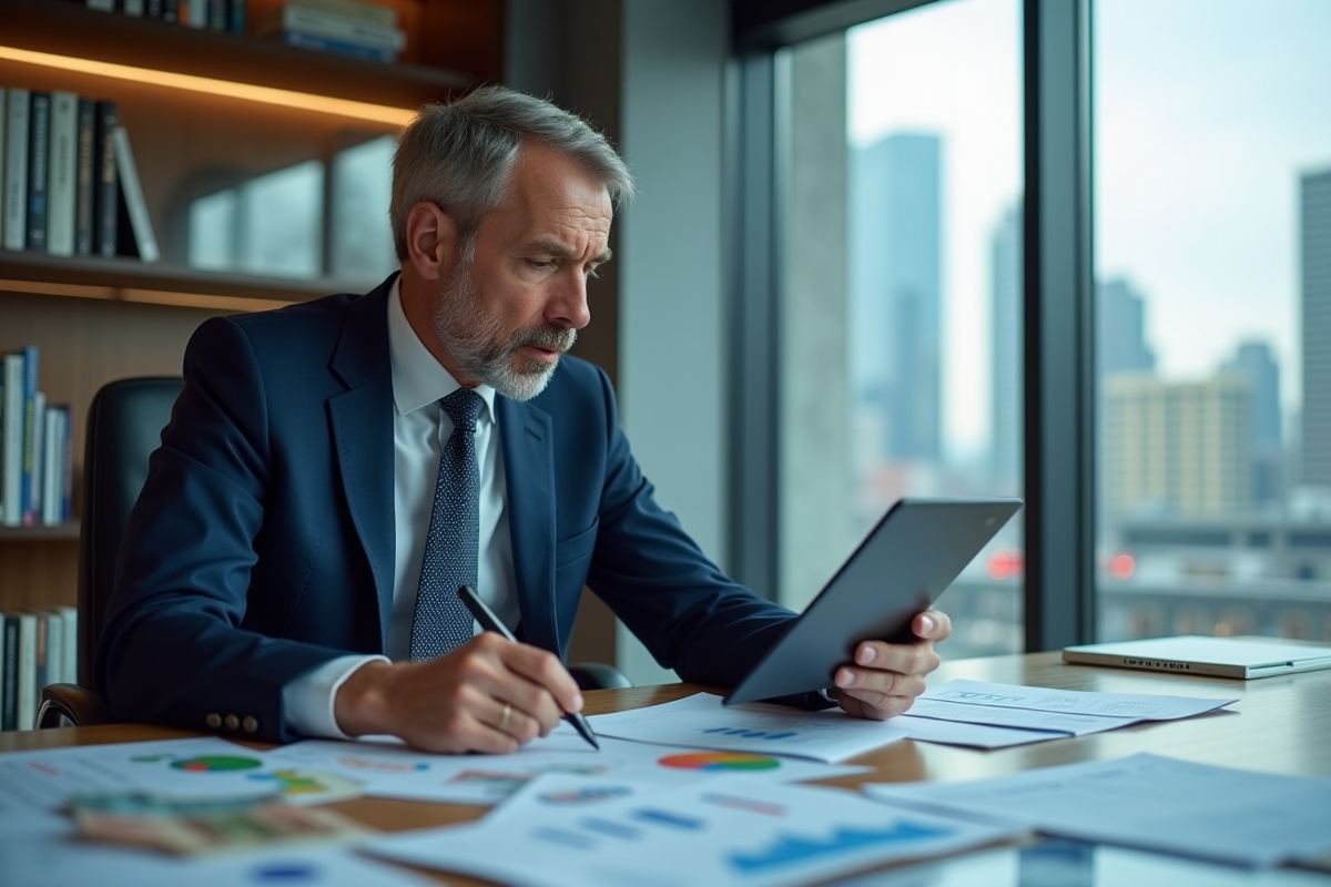 Économiste homme en costume dans un bureau moderne