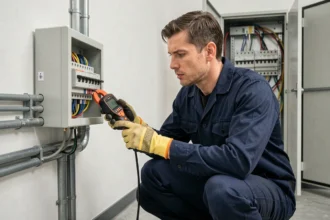 Électricien professionnel inspectant un tableau électrique avec un multimètre pour conversion watt ampère d'un chauffage électrique puissant