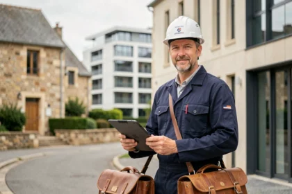 Électricien professionnel en Indre-et-Loire devant un bâtiment tourangeau, symbolisant le secteur de l'électricité en Touraine en 2026