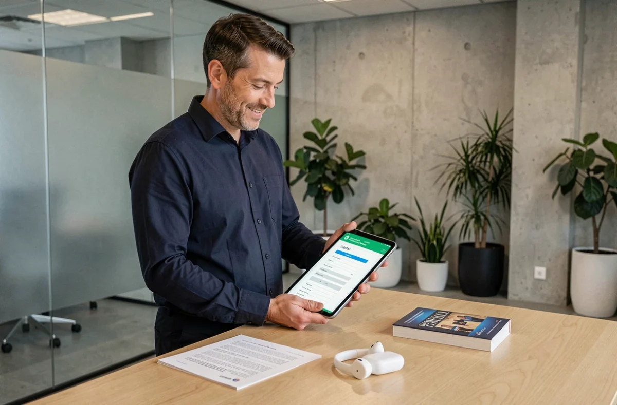 Éditeur masculin consultant un formulaire d'enregistrement ISBN sur tablette pour un livre audio dans un bureau moderne