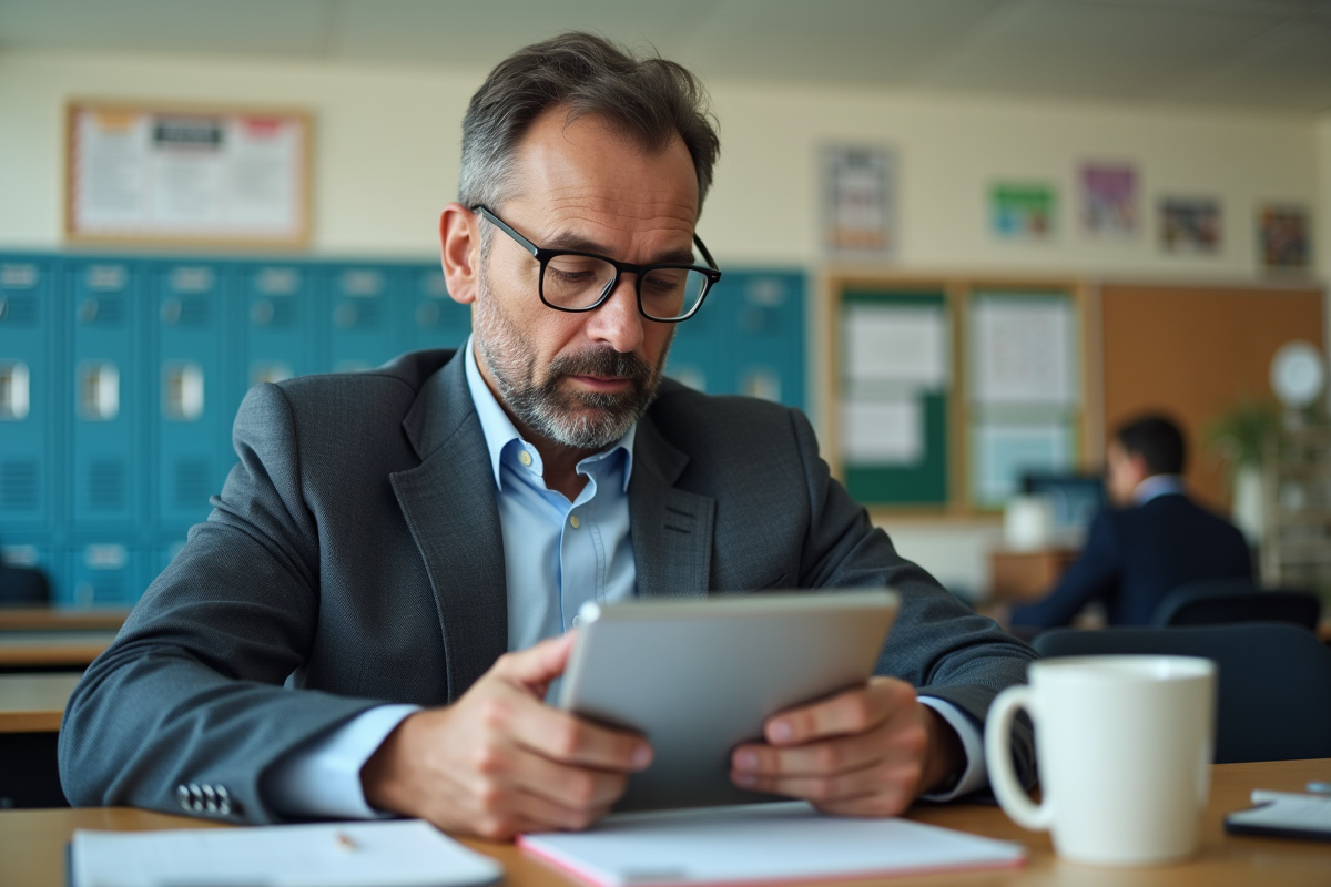 Enseignant en salle de classe examinant un plan de cours digital