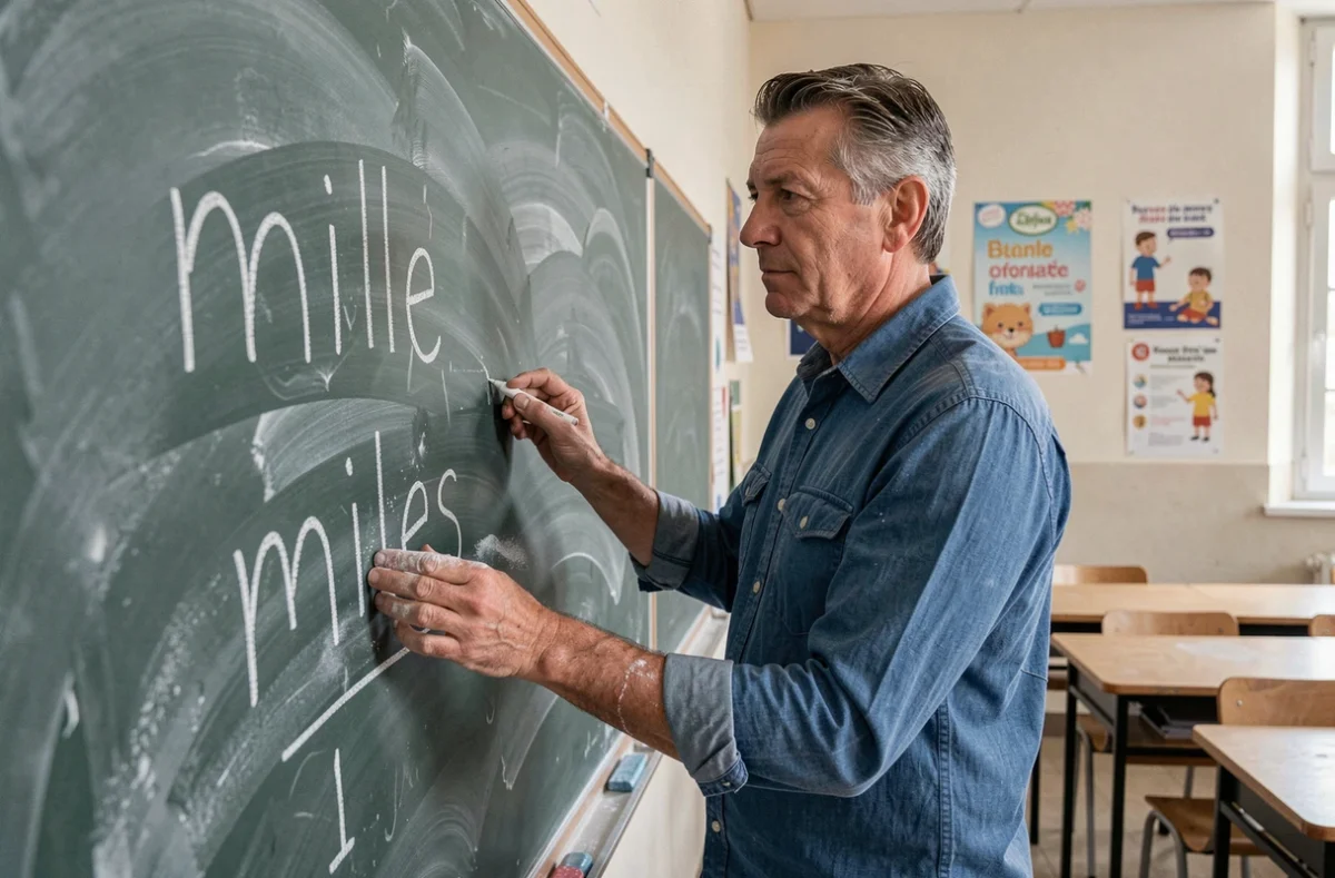 Enseignant écrivant les mots mille et milles au tableau noir dans une salle de classe, illustrant une leçon d'orthographe française