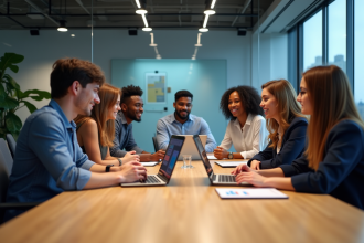 Groupe de professionnels autour d'une table en réunion