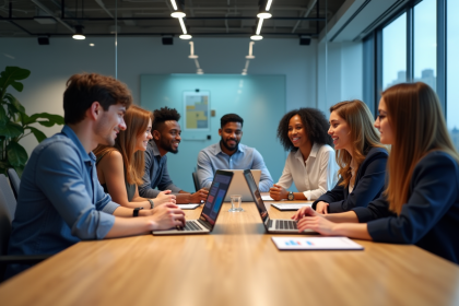 Groupe de professionnels autour d'une table en réunion