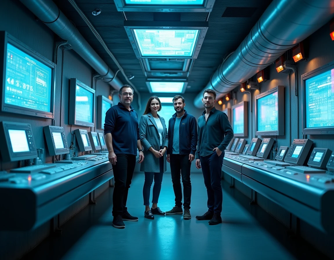 Équipe de joueurs dans la salle futuriste d'Escape Yourself à Tours avec décor high-tech